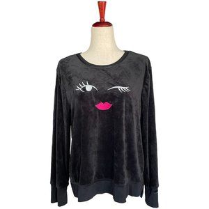 Kate Spade Velour Black Crewneck Pajama Top Winky Face Size XL